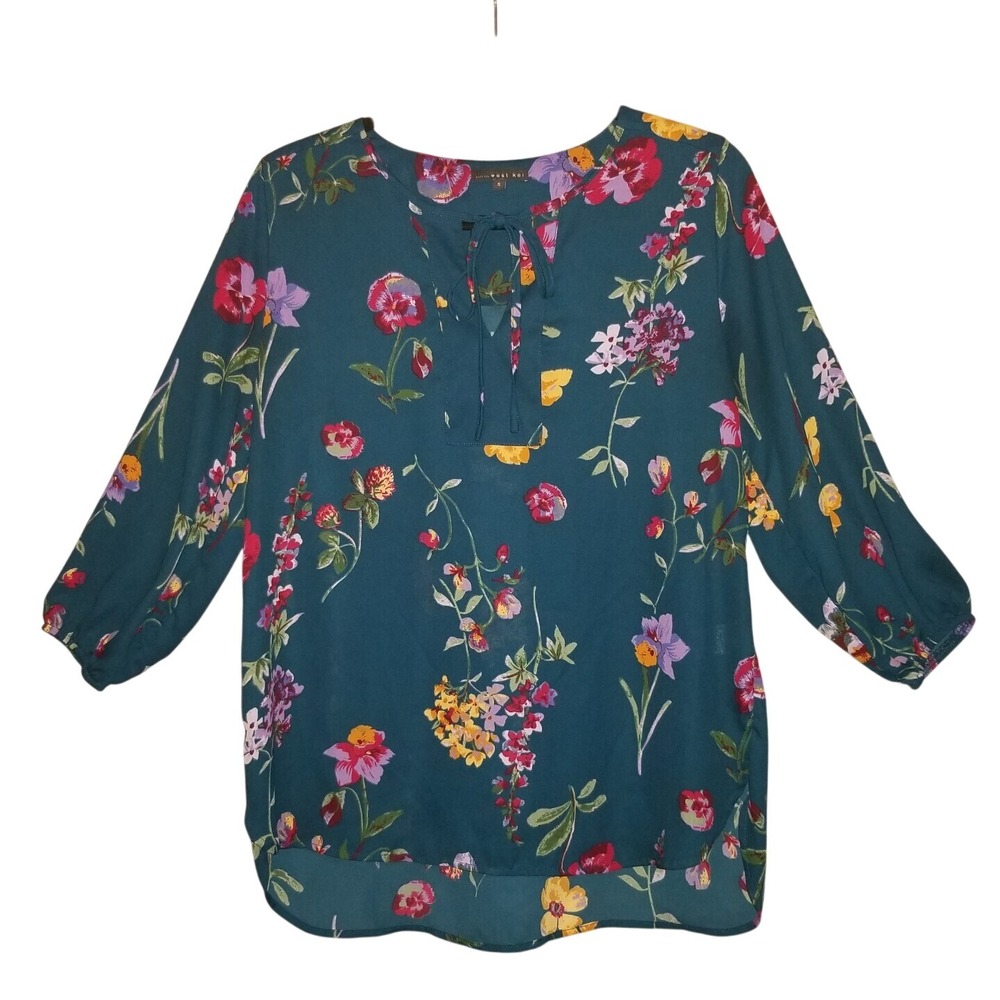 West Kei Women's Small Floral Blouse Cassia Tie Detail Shirt 3/4 Sleeve Top